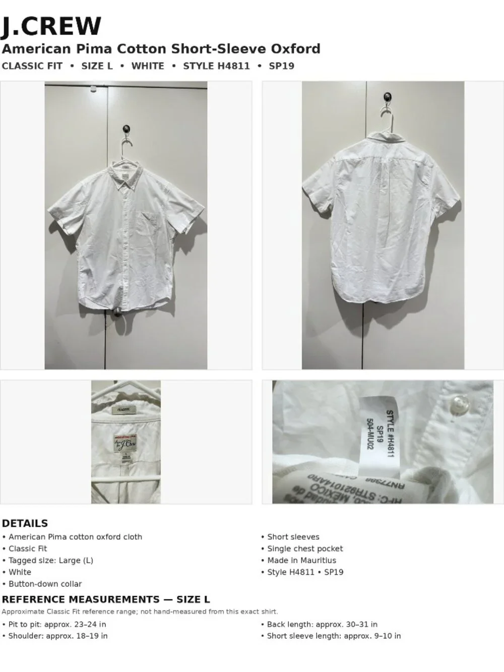 J.Crew American Pima Cotton Short Sleeve Oxford Shirt White Classic Fit L H4811